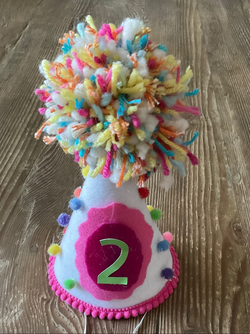 Kids White birthday Party Hat with Multicolor Pom-Pom - Age 2 Celebration